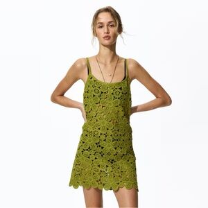 H&M OLIVE GREEN CROCHET-LOOK MINI DRESS